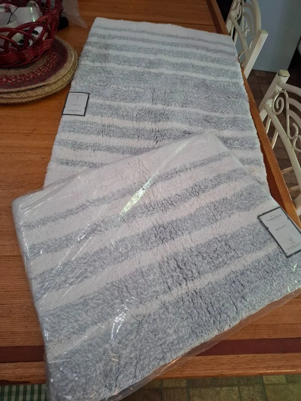 Two 20 x 32 Threshold Gray/Blue & White Stripe Bath Bathroom Rugs NWT